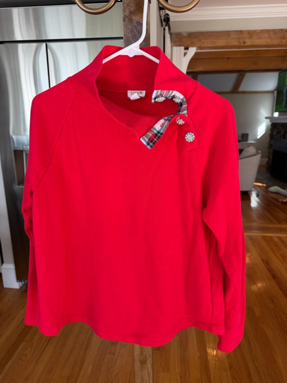J. Crew Red Pullover with Plaid Bow & Rhinestone Buttons